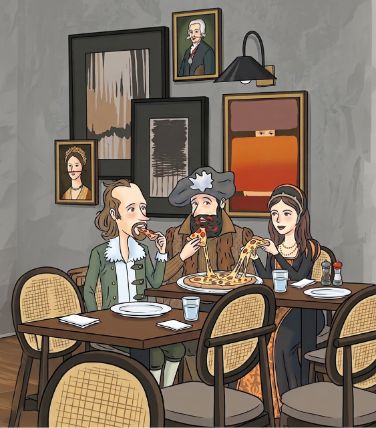 Três figuras históricas à mesa da Pizzeria Fontinha, a partilhar uma pizza