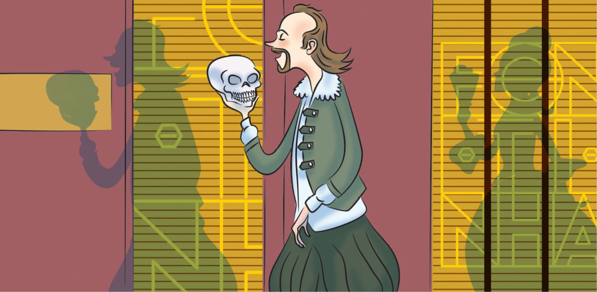 Ilustração: Shakespeare com um crânio na mão, à porta da Pizzeria Fontinha