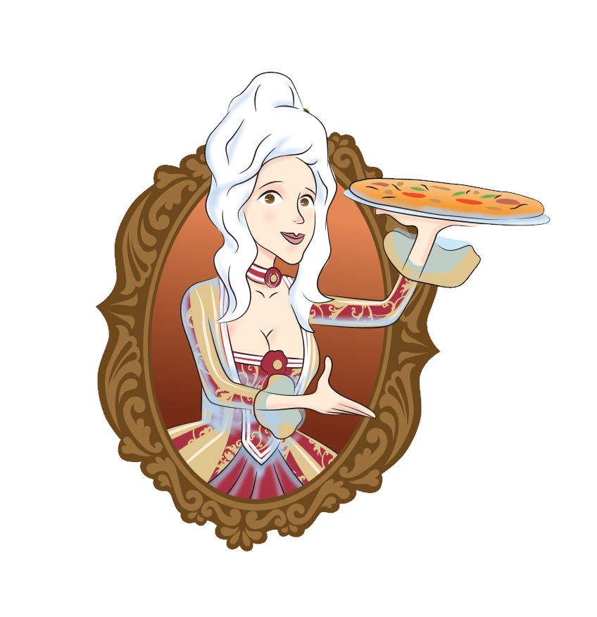 Ilustração de Maria Antonieta com uma pizza na mão, numa moldura oval