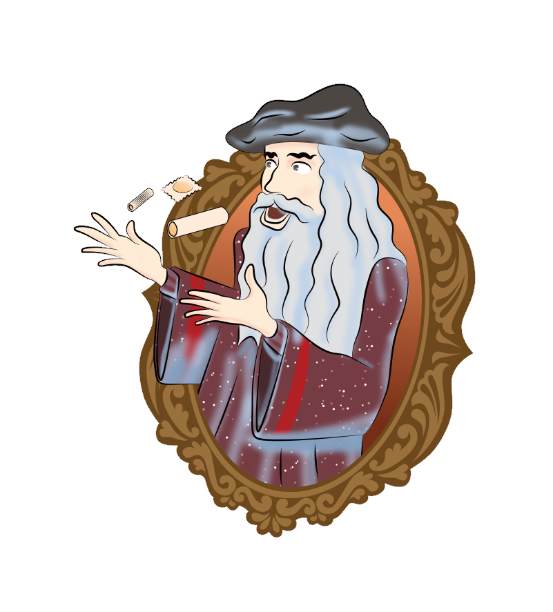 Ilustração de Leonardo da Vinci a desenhar, numa moldura oval